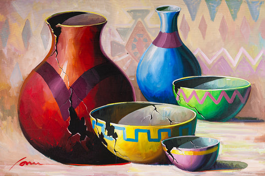 Southwestern pottery and clay pots canvas painting by Miguel Camarena