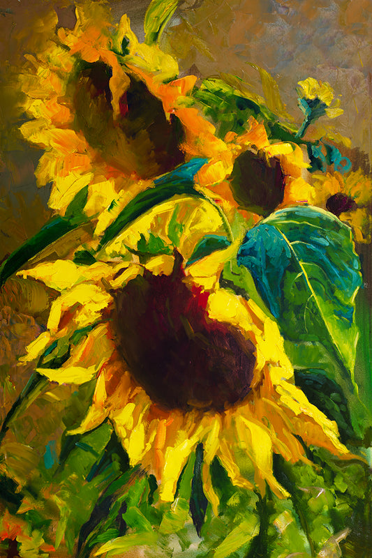 Golden sunflower floral painting with rich green leaves by Miguel Camarena