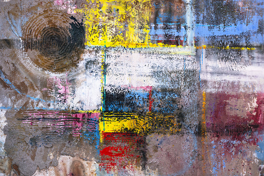 Contemporary abstract canvas painting with geometric textures and layered colors by Miguel Camarena